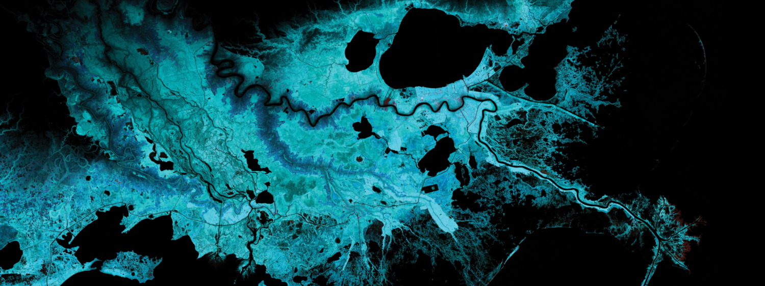 Territorial Agency—Oceans in Transformation commissioned by TBA21-Academy. The rapid depletion of the coastal ecosystems of the Mississippi Delta, combined with sea level rise scenarios. © Territorial Agency